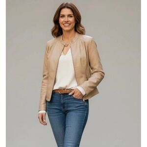 Faux Leather Medium Moto Jacket Tan Zipper Collarless Biker‎ Style